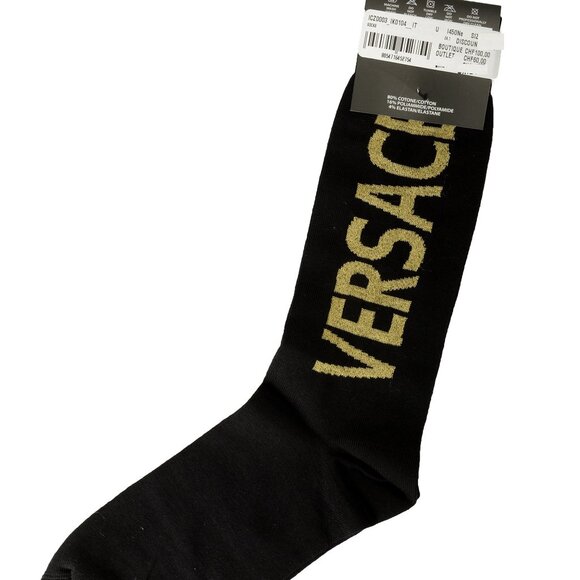 Versace Black & Gold Logo Print Socks sz M - Picture 1 of 2